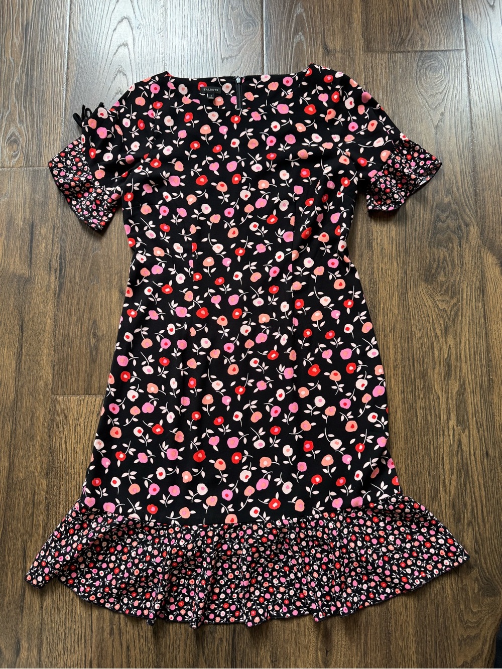 Talbots Black Dress with Pink and Red Floral Print and Ruffle Hem